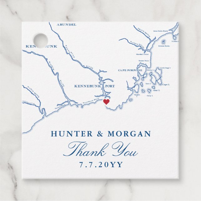 Étiquettes Cadeau Carte du Maine Kennebunkport Mariage bleu marine (Devant)