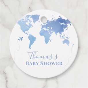 Étiquettes Cadeau Carte du monde bleu Voyage Baby shower d'aventure