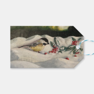 Étiquettes-cadeau Carte pliée Chick-a-Dee avec gui (vierge)