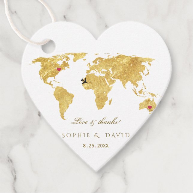 Étiquettes Cadeau Carte Unique Gold Foil World Destination Mariage (Devant)