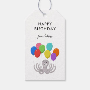 Étiquettes-cadeau Cartoon Cute Octopus Joyeux Ballons d'Anniversaire