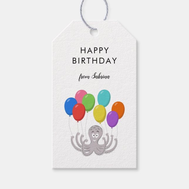 Étiquettes-cadeau Cartoon Cute Octopus Joyeux Ballons d'Anniversaire (Devant)