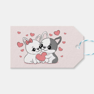 Étiquettes-cadeau Cartoon mignon Bulldog Les amoureux des coeurs Sai