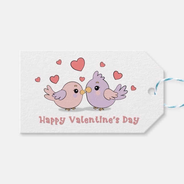 Étiquettes-cadeau Cartoon mignon Lovebirds Coeurs roses Saint-Valent (Devant (Horizontal))
