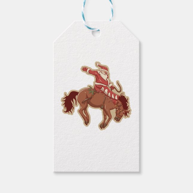 Étiquettes-cadeau Cartoon rouge santa claus ryding on horse (Devant)
