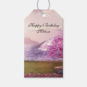 Étiquettes-cadeau Cascades et cerisiers autour d'un lac Anniversaire
