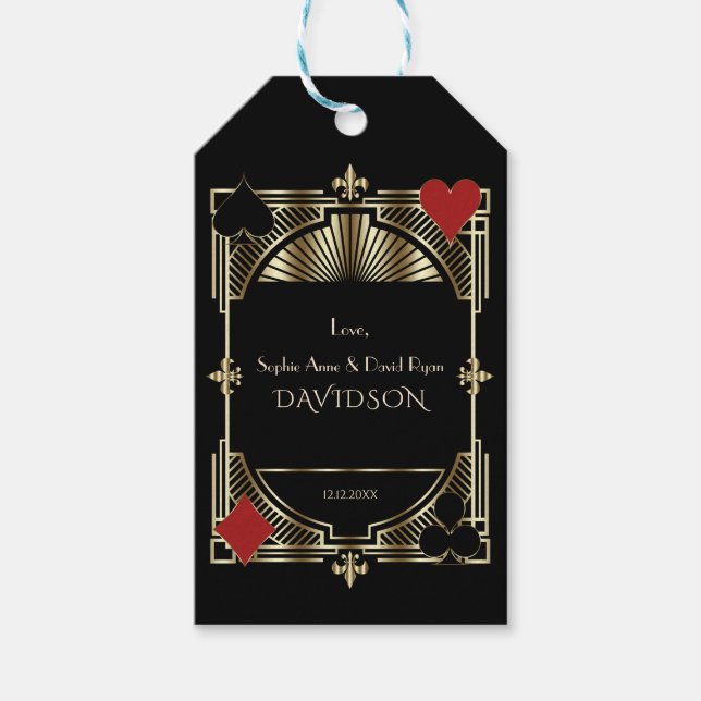 Étiquettes-cadeau Casino Gold Black Art Déco Roaring Mariage des ann (Devant)