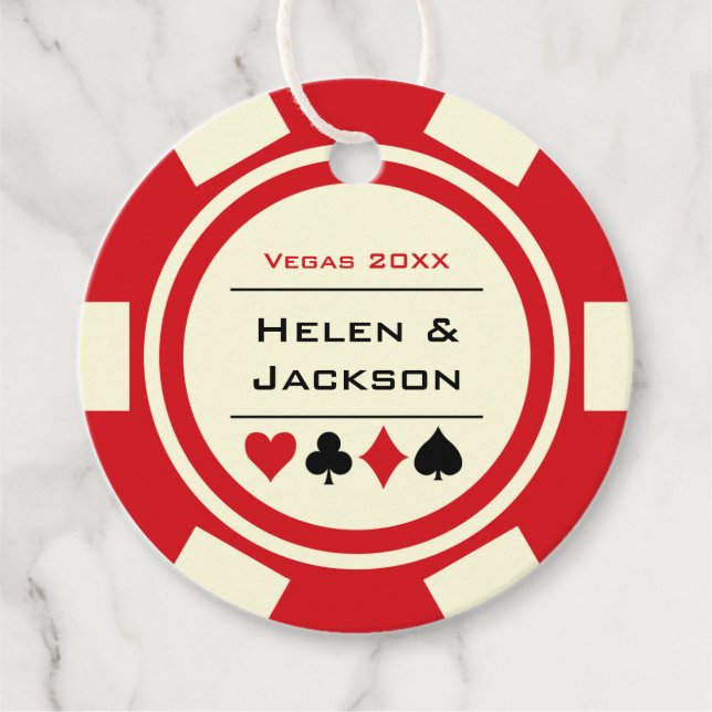 Étiquettes Cadeau Casino Poker Chip rouge et Mariage ivoire (Devant)
