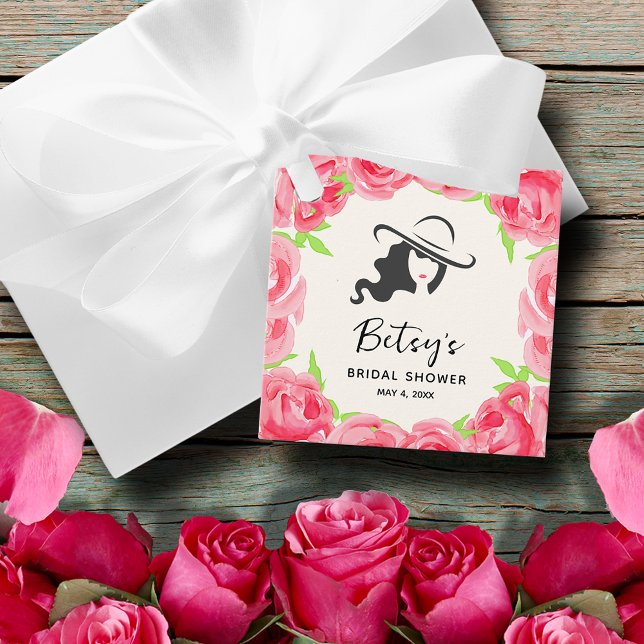 Étiquettes Cadeau Casquette de Lady's Roses de l'aquarelle Derby Fêt (Lady's Big Hat Watercolor Roses Derby Bridal Shower Favor Tags)