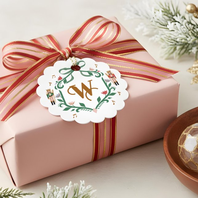 Étiquettes Cadeau Casse-noisettes de Noël Whimsical Monogram Crest B (Whimsical Christmas Nutcracker Monogram Crest Bow Favor Tags (Front))