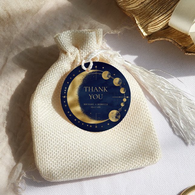 Étiquettes Cadeau Céleste Bleu Lune Or Phases Mariage Merci (Créateur téléchargé)