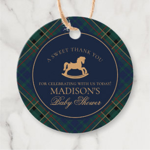 Étiquettes Cadeau Cercle de Baby Shower Cheval à Bascule Tartan Plai