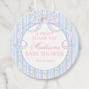 Étiquettes Cadeau Cercle de Baby Shower Floral Fancy Vintage Bleu