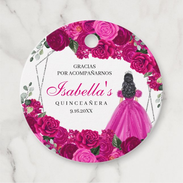 Étiquettes Cadeau Cercle de Quinceanera florale rose et argenté Fuch (Devant)