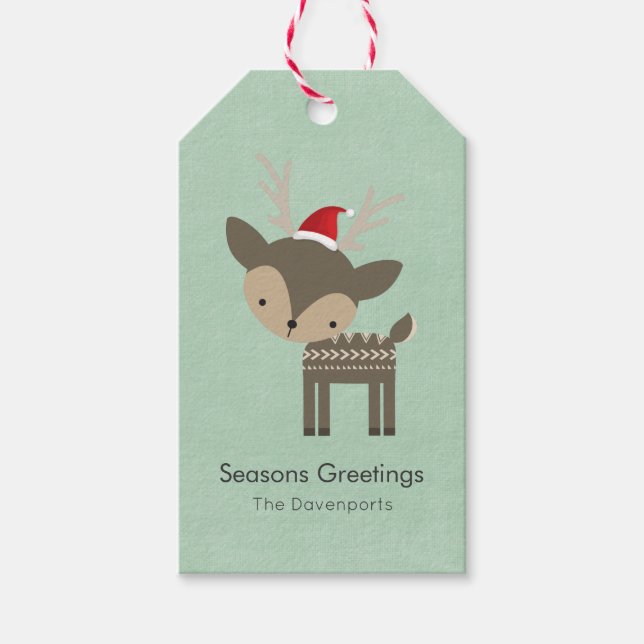 Étiquettes-cadeau Cerf De Noël Dans Un Hipster Rétro Du Chapeau Roug (Devant)