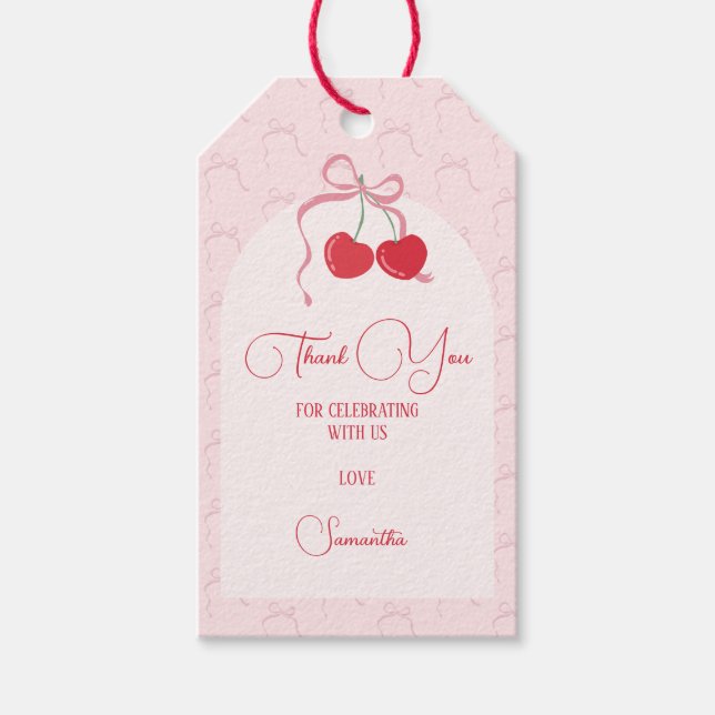 Étiquettes-cadeau Cerise sur le dessus Pink Bow Anniversaire (Devant)
