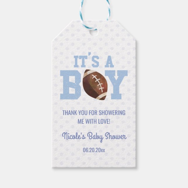 Étiquettes-cadeau C'est un garçon ! Baby shower de football bleu (Devant)