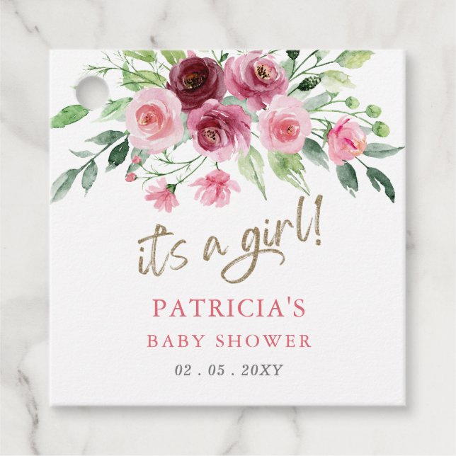 Étiquettes Cadeau C'est une fille Baby shower Floral rose Bourgogne  (Devant)