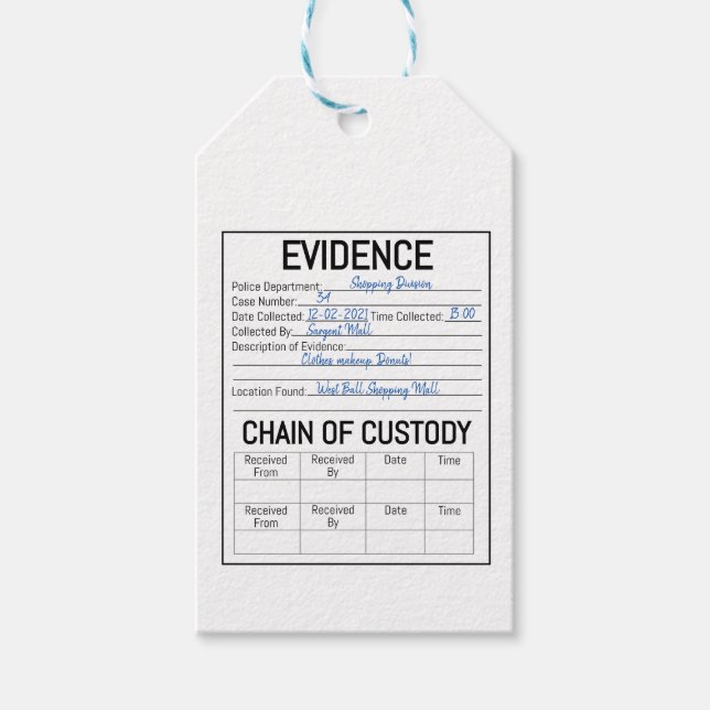 Étiquettes-cadeau Chaîne de preuves chaîne de détention crime jeu de (Devant)