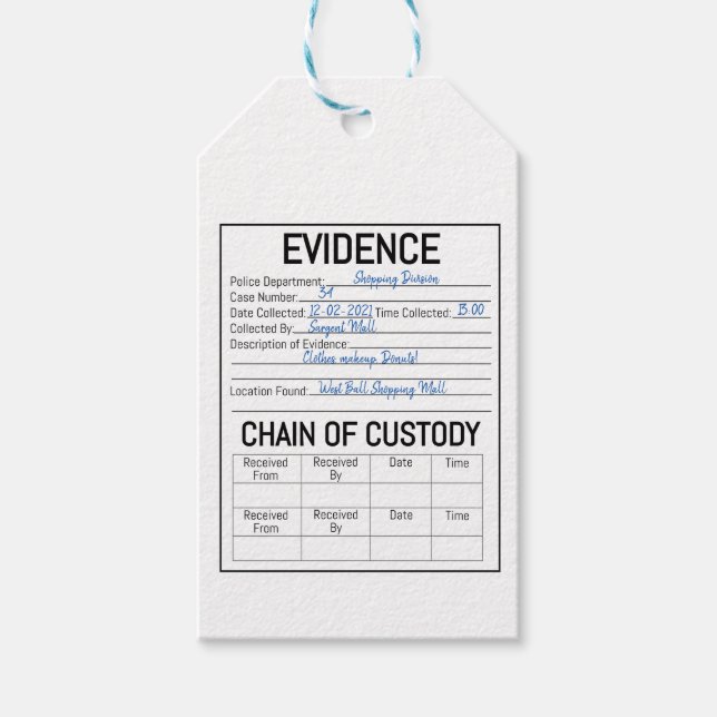 Étiquettes-cadeau Chaîne de preuves chaîne de détention crime jeu de (Devant)