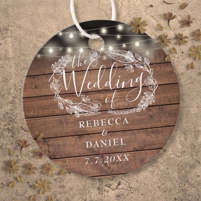 Étiquettes Cadeau Chaîne éclaire Floral Rustique Mariage bois (String Lights Floral Rustic Wood Wedding Favor Tags)