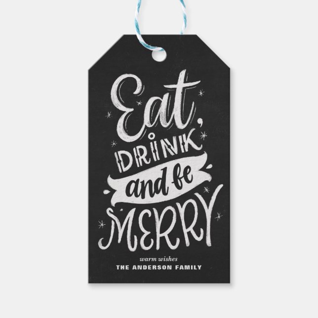Étiquettes-cadeau Chalkboard Mangez un verre et soyez joyeux Script  (Devant)