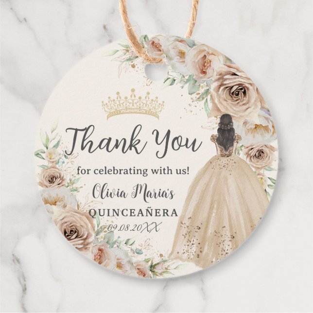 Étiquettes Cadeau Champagne Crème Beige Floral Princesse Quinceañera (Dos)