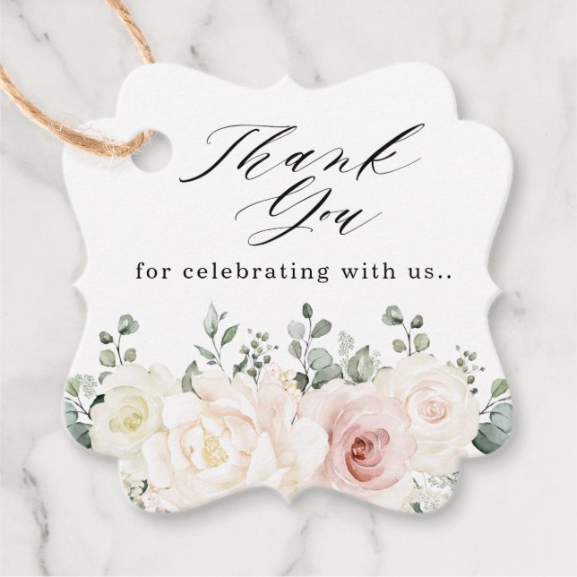 Étiquettes Cadeau Champagne Ivoire Blush rose Floral Merci vert (Devant)