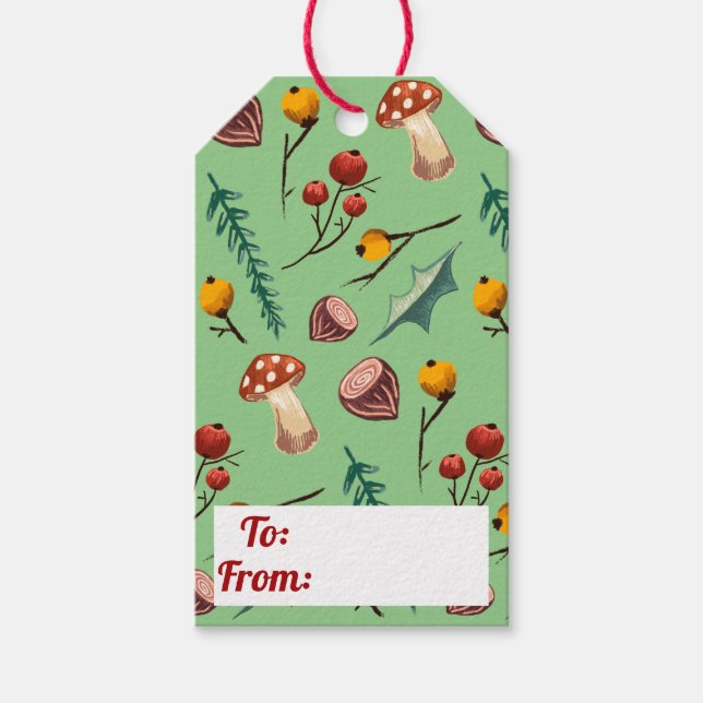 Étiquettes-cadeau Champignons d'hiver et feuillage rustique Noël (Devant)