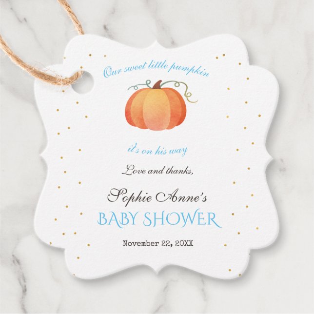 Étiquettes Cadeau Charm Boy Petit Citrouille Thanksgiving Baby showe (Devant)