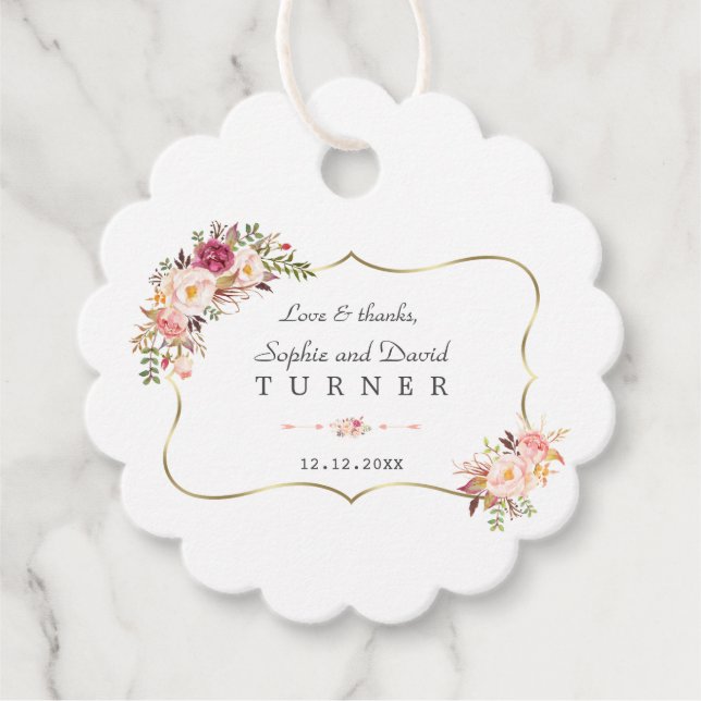 Étiquettes Cadeau Charm Gold Frame Blush rose Floral Mariage (Devant)
