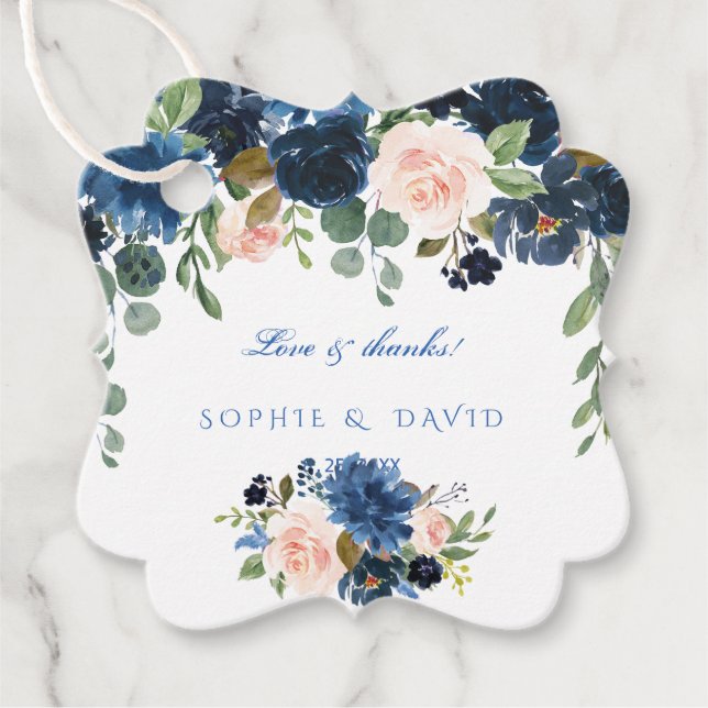 Étiquettes Cadeau Charm Navy Blue Blush Flowers Bloom Mariage (Devant)