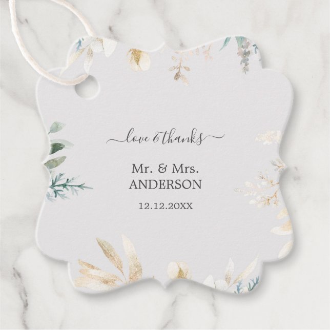 Étiquettes Cadeau Charmant Aquarelle Verdure Mariage Or (Devant)