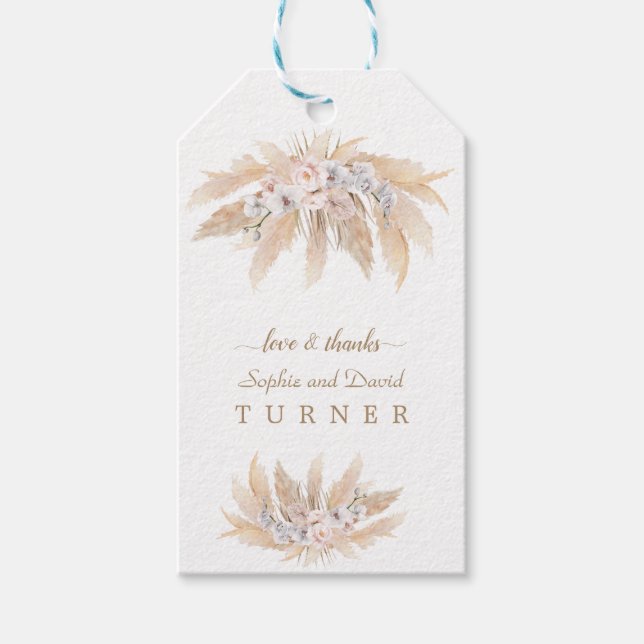 Étiquettes-cadeau Charme Blanc Orchidée Blus Roses Pampas Mariage en (Devant)