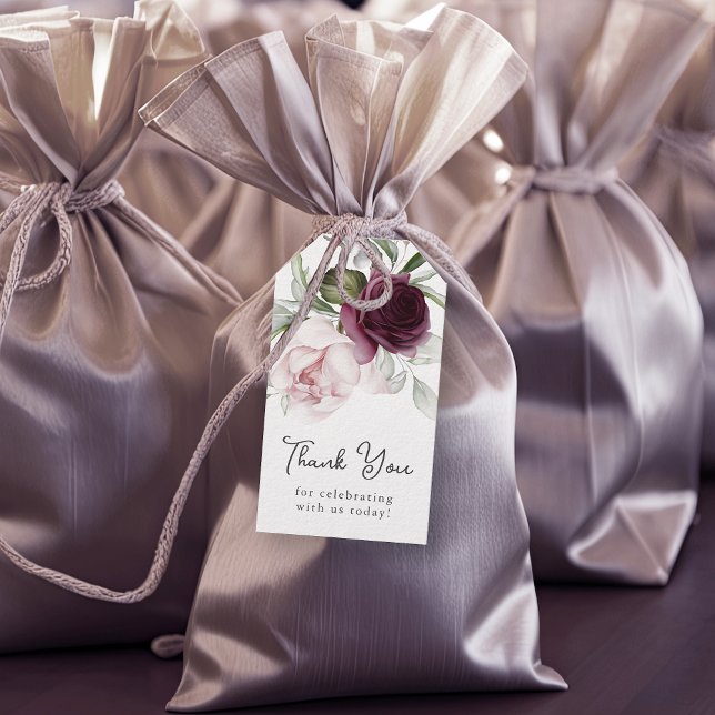 Étiquettes-cadeau Charme botanique rose et prune Merci (Personalize these feminine floral favor tags for any event!)