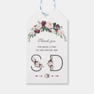 Étiquettes-cadeau Charme Bourgogne Blush Floral Monogram Mariage