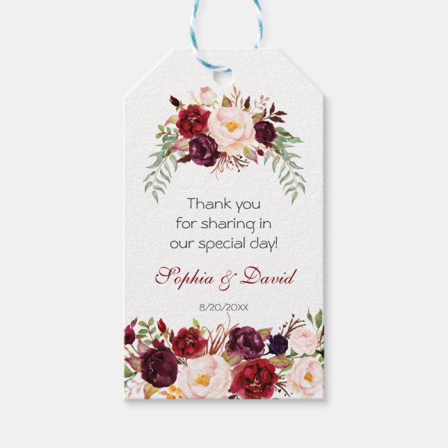 Étiquettes-cadeau Charme Bourgogne Marsala Mariage Floral (Devant)