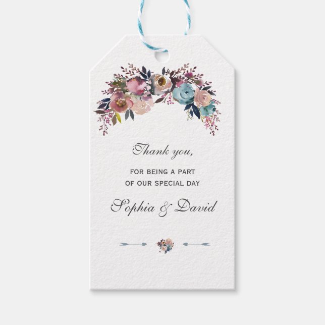 Étiquettes-cadeau Charme Dusty Blue Rose Floral Bouquet Mariage (Devant)
