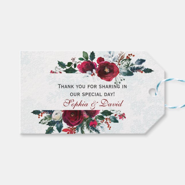 Étiquettes-cadeau Charme Hiver Bourgogne Floral Pine Frame Mariage (Devant (Horizontal))