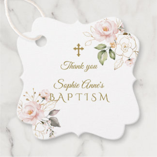 Étiquettes Cadeau Charming Blush Gold Flowers Gold Cross Baptême