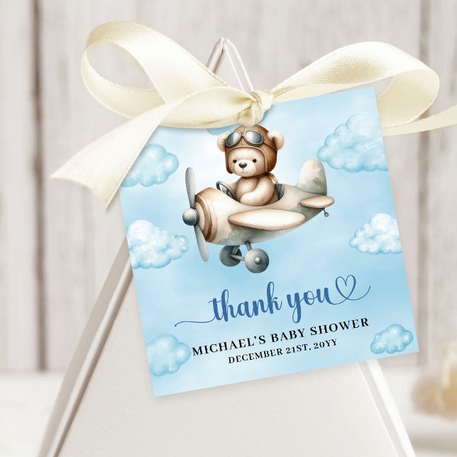 Étiquettes Cadeau Charming Teddy Bear Pilot Blue Brown Baby Shower  (Charming Teddy Bear Pilot Blue Brown Baby Shower Favor Tag

)