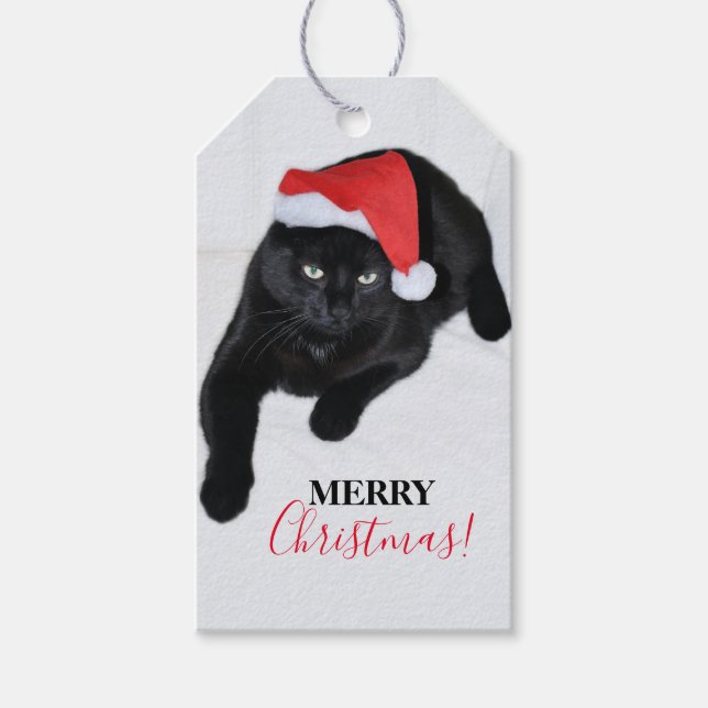 Étiquettes-cadeau Chat avec le chapeau du Père Noël Rouge (Devant)