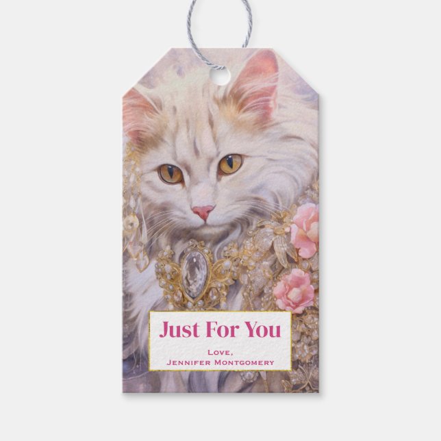 Étiquettes-cadeau Chat blanc élégant en or et diamants (Devant)