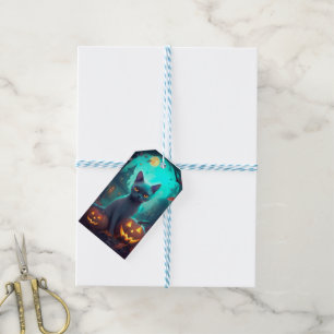 Étiquettes-cadeau Chat bleu russe d'Halloween avec la peur Citrouill