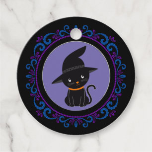 Étiquettes Cadeau Chat bleu violet noir avec un Casquette sorcier Ha