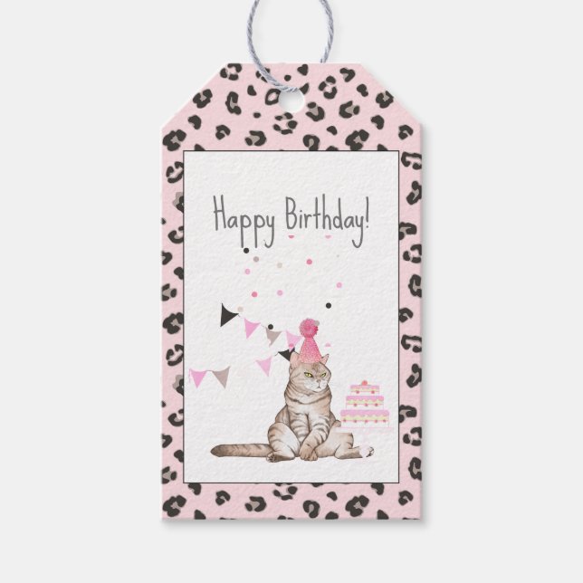 Étiquettes-cadeau Chat de fête d'anniversaire avec Empreinte de léop (Devant)