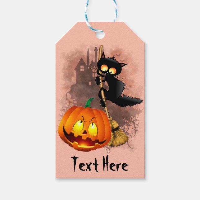 Étiquettes-cadeau Chat effrayé par Citrouille Fun Halloween caractèr (Devant)