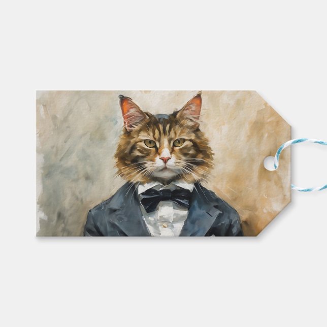 Étiquettes-cadeau Chat en costume (Devant (Horizontal))