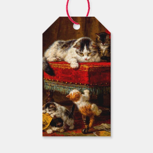 Étiquettes-cadeau Chat et chatons Jouer avec chaise (Devant)