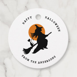 Étiquettes Cadeau Chat et sorcière volante Halloween noir et blanc